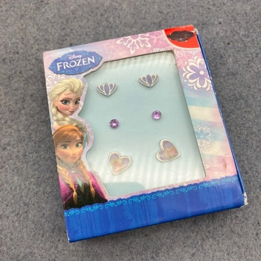 Disney Frozen Stud Earring Set Box 3 Pair Heart Crown Gem Kids Pink Purple Glam